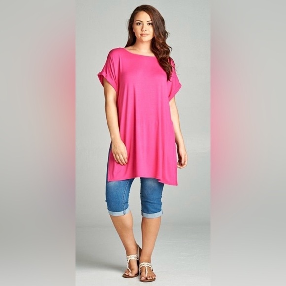 Emerald Fashion Tops - New!Plus SizeTunic Top with High Rounded Neck, Short Tab Sleeves Sizes 1X 2X 3X